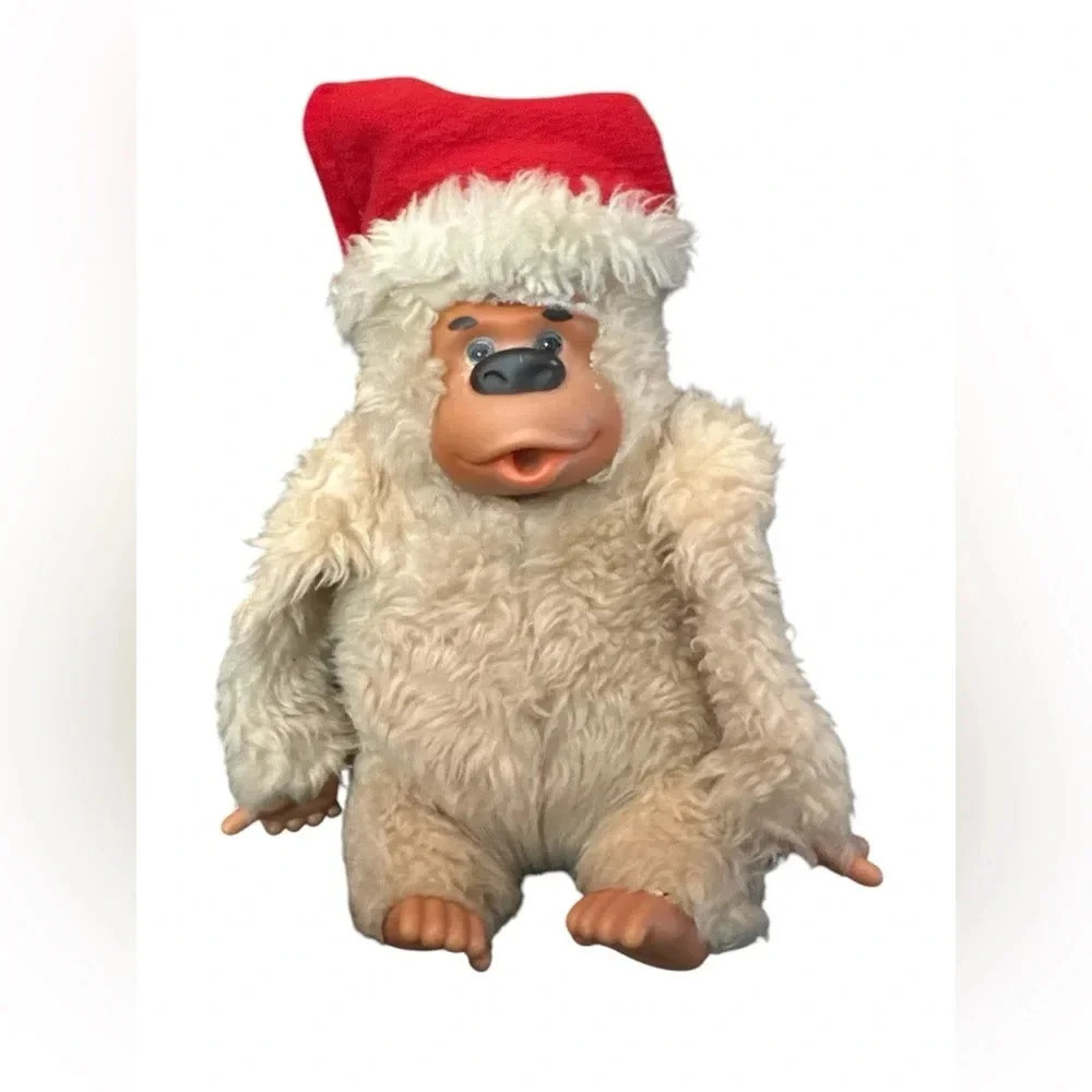 Vintage 80s Russ GONGA Plush Thumb Sucking MONKEY Doll Toy Santa Hat CHRISTMAS